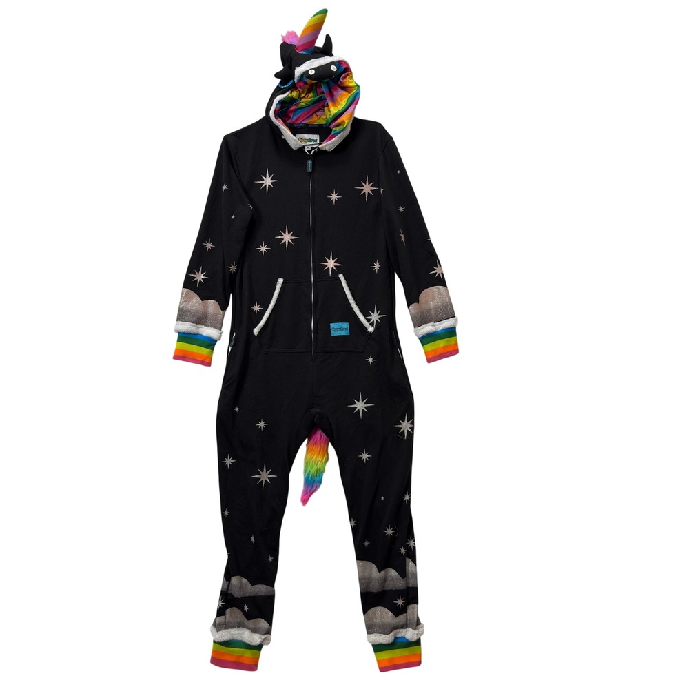 Tipsy Elves Unicorn Jumpsuit Womens XS Black Rainbow Celestial Whimsical Fun